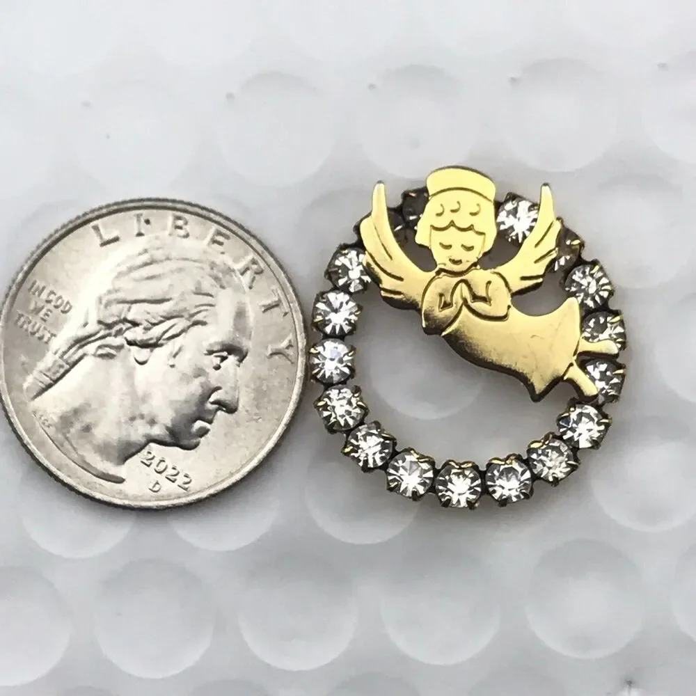 Gold Tone Clear Brooch Pin Angel Rhinestone Motif Religious Gift Christmas